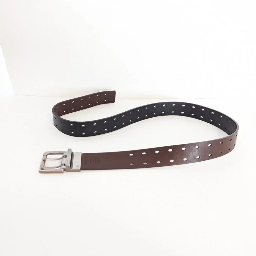 PGE Reversible Belt Black Brown‎ Accent Holes 2 Prong Silver Hardware Vegan